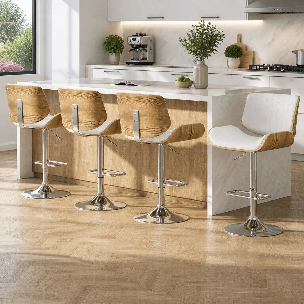 Bar Stools Adjustable Height White Leather 4 Piece Curved Bentwood Swivel Kitchen