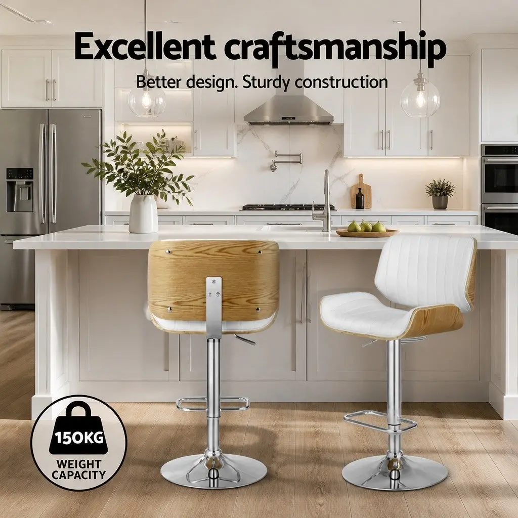 Bar Stools Adjustable Height White Leather 4 Piece Curved Bentwood Swivel Kitchen
