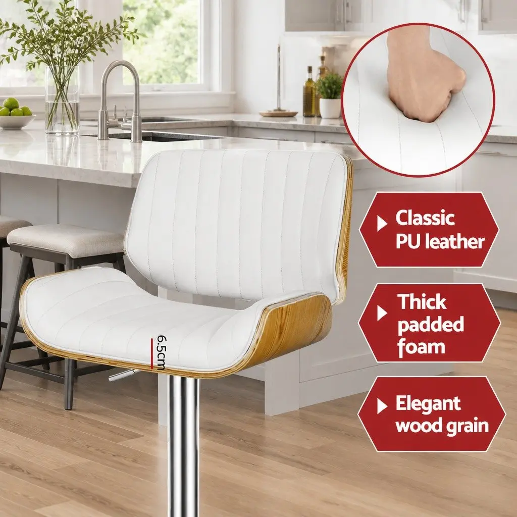 Bar Stools Adjustable Height White Leather 4 Piece Curved Bentwood Swivel Kitchen