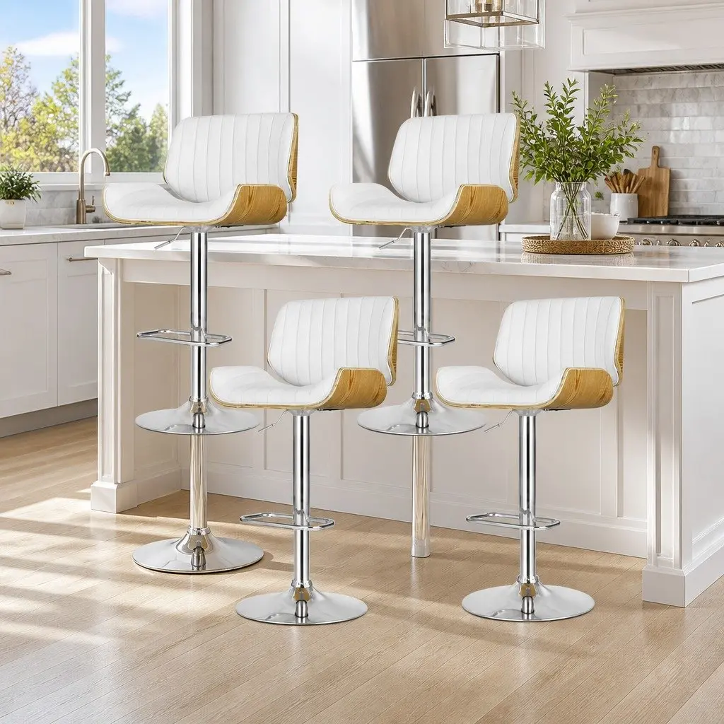 Bar Stools Adjustable Height White Leather 4 Piece Curved Bentwood Swivel Kitchen