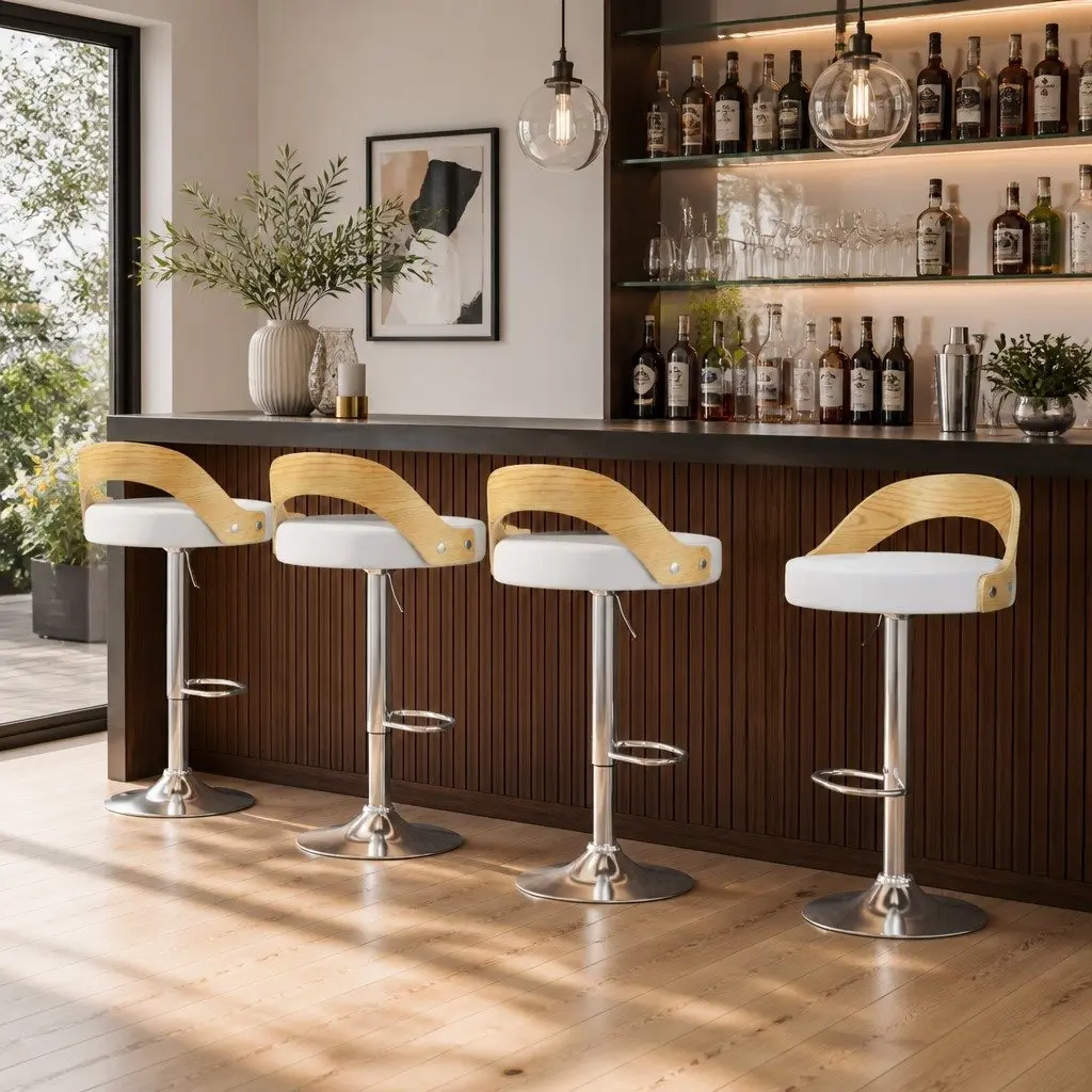 Bar Stools Adjustable Padded Curved Bentwood Seat 360 Swivel Chrome Base White