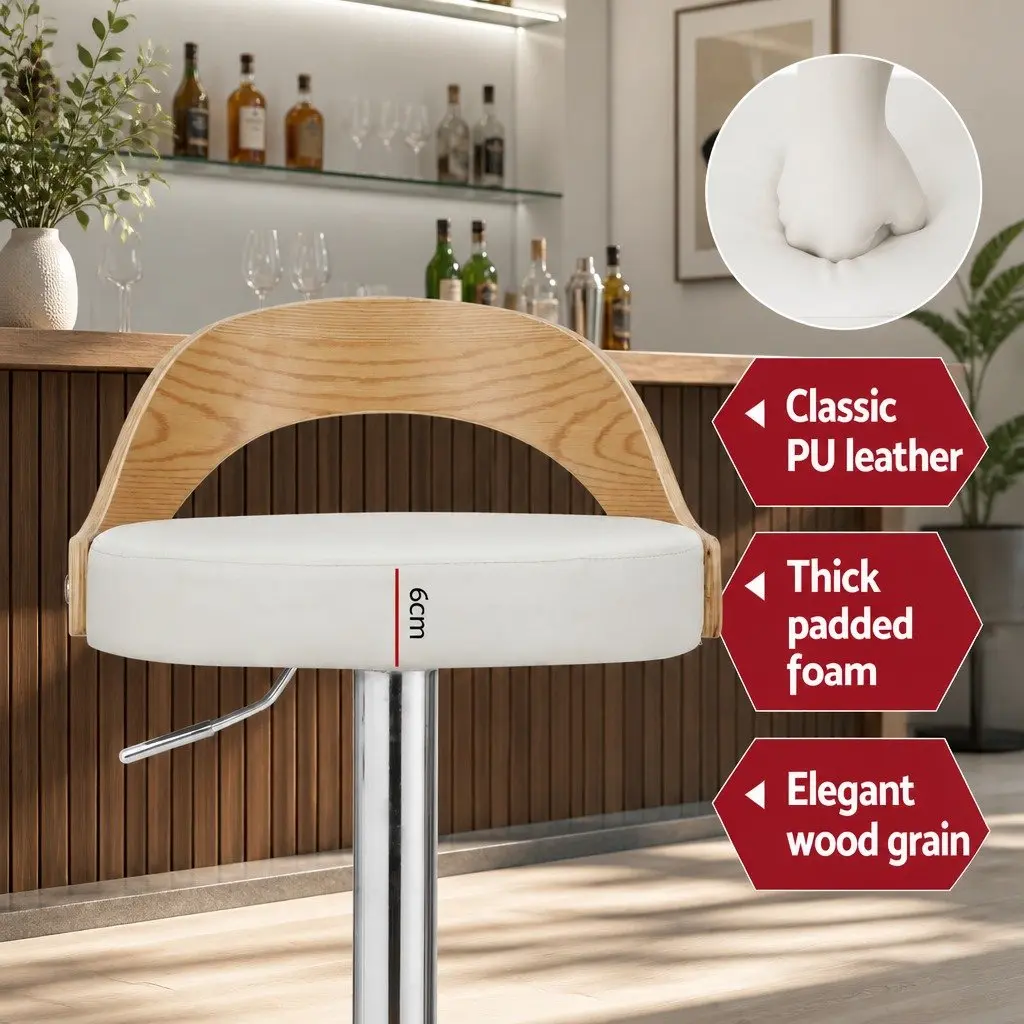 Bar Stools Adjustable Padded Curved Bentwood Seat 360 Swivel Chrome Base White
