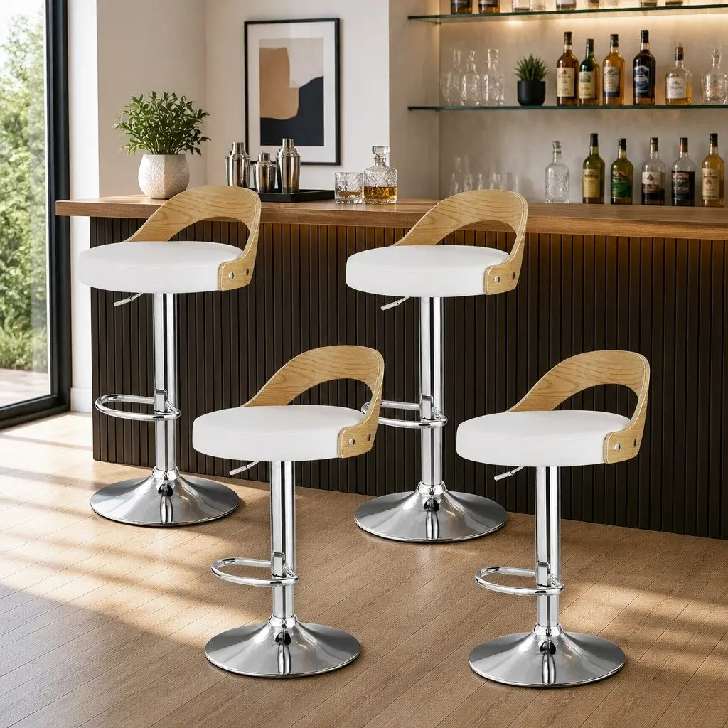 Bar Stools Adjustable Padded Curved Bentwood Seat 360 Swivel Chrome Base White