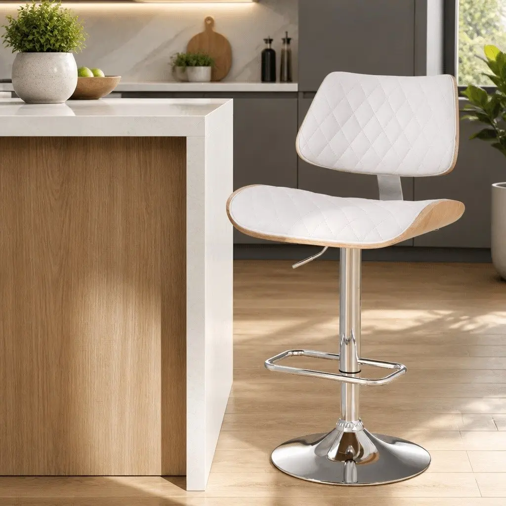 Bar Stool Swivel Seat Adjustable Height PU Leather White Bentwood 50cm x 41cm x 93-115cm