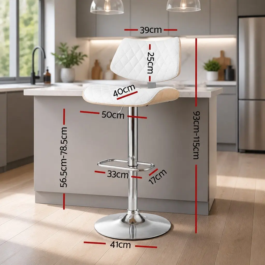 Bar Stool Swivel Seat Adjustable Height PU Leather White Bentwood 50cm x 41cm x 93-115cm