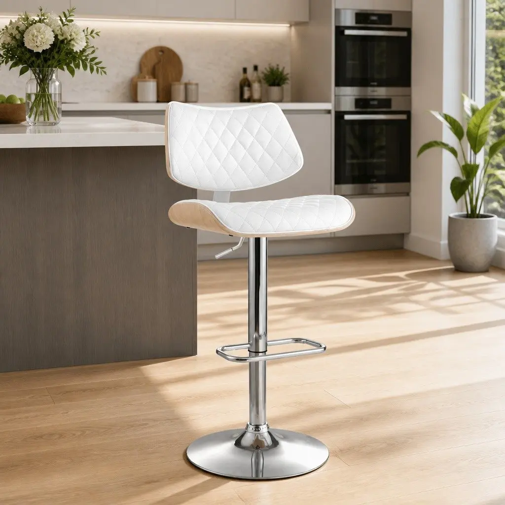 Bar Stool Swivel Seat Adjustable Height PU Leather White Bentwood 50cm x 41cm x 93-115cm