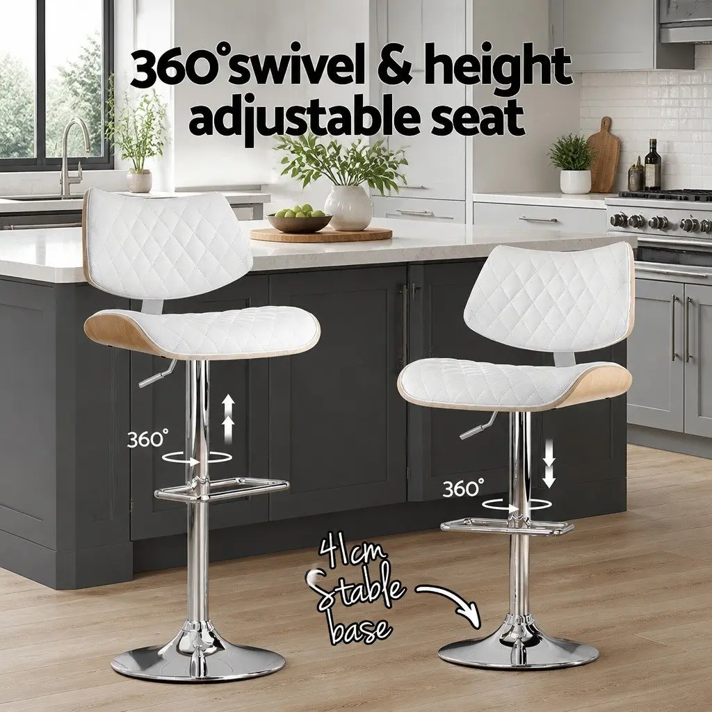 Bar Stool Swivel Seat Adjustable Height PU Leather White Bentwood 50cm x 41cm x 93-115cm