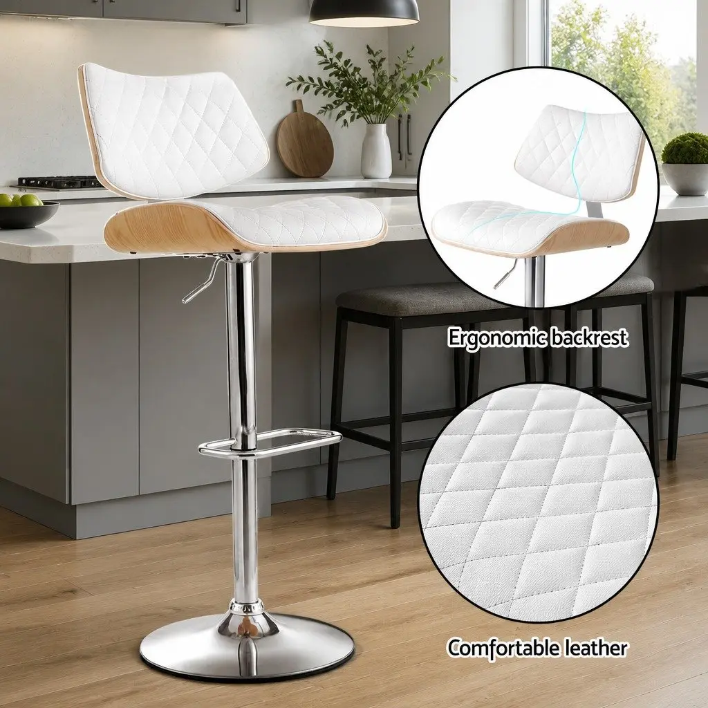 Bar Stool Swivel Seat Adjustable Height PU Leather White Bentwood 50cm x 41cm x 93-115cm