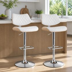 White Padded Seat Bar Stools Set of 2 with Gas Lift