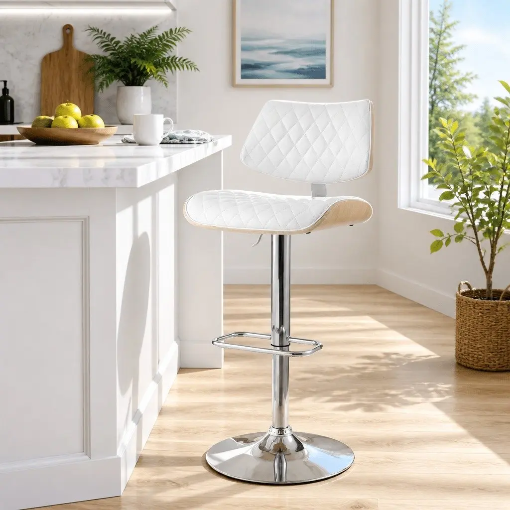 White Padded Seat Bar Stools Set of 2 with Gas Lift