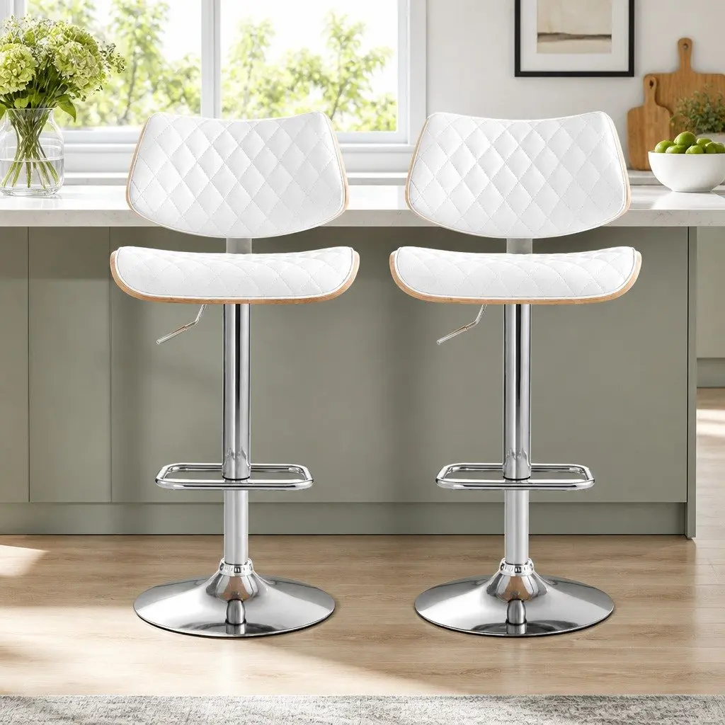 White Padded Seat Bar Stools Set of 2 with Gas Lift