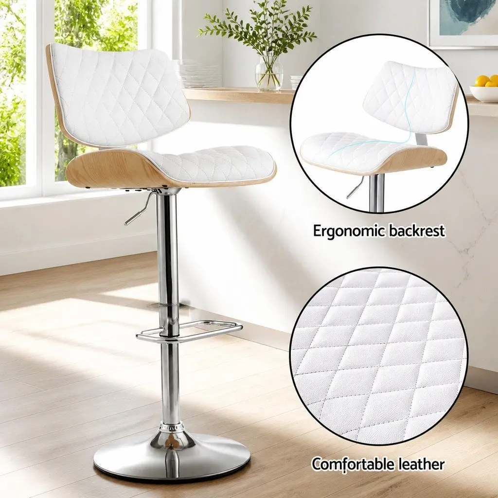 White Padded Seat Bar Stools Set of 2 with Gas Lift