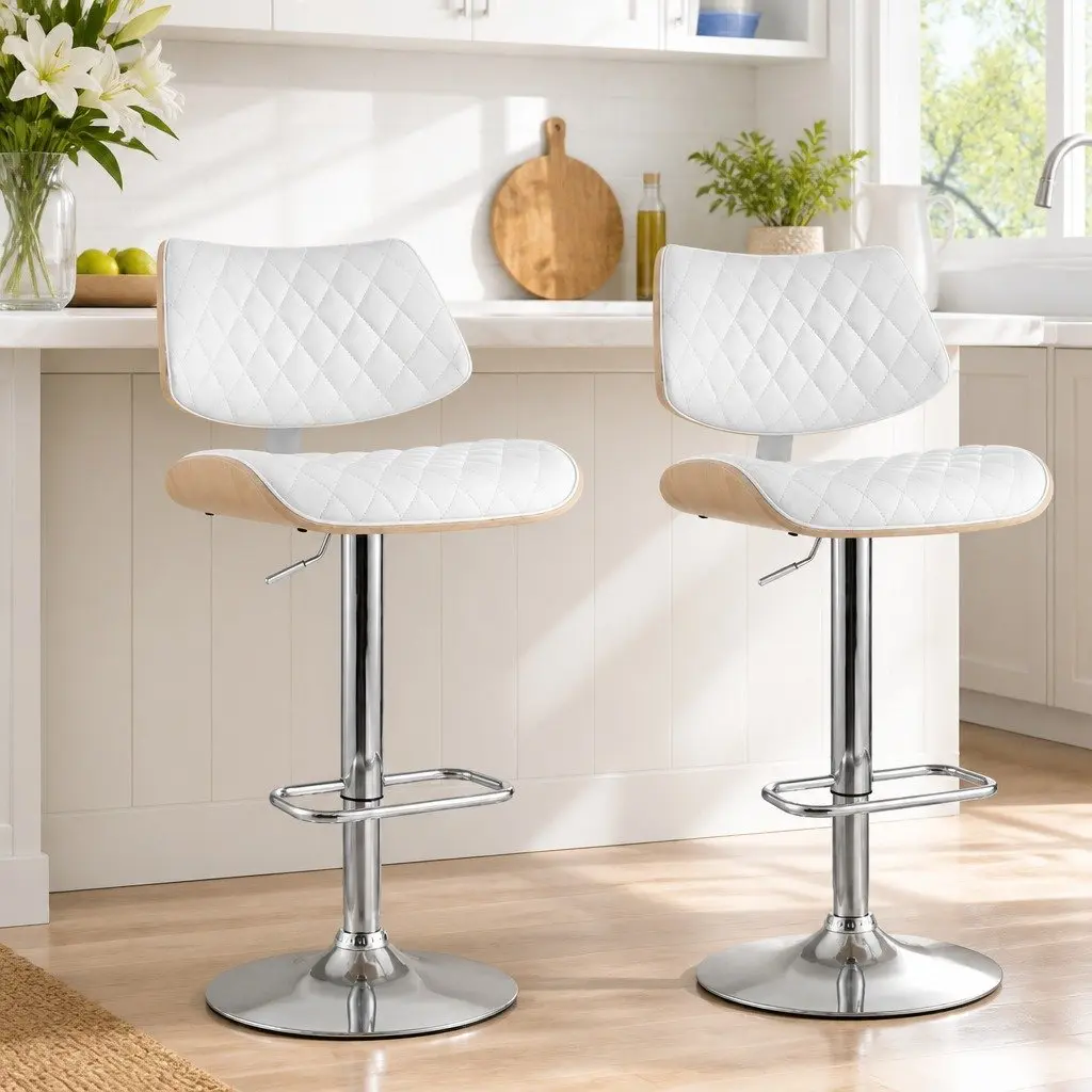 White Padded Seat Bar Stools Set of 2 with Gas Lift