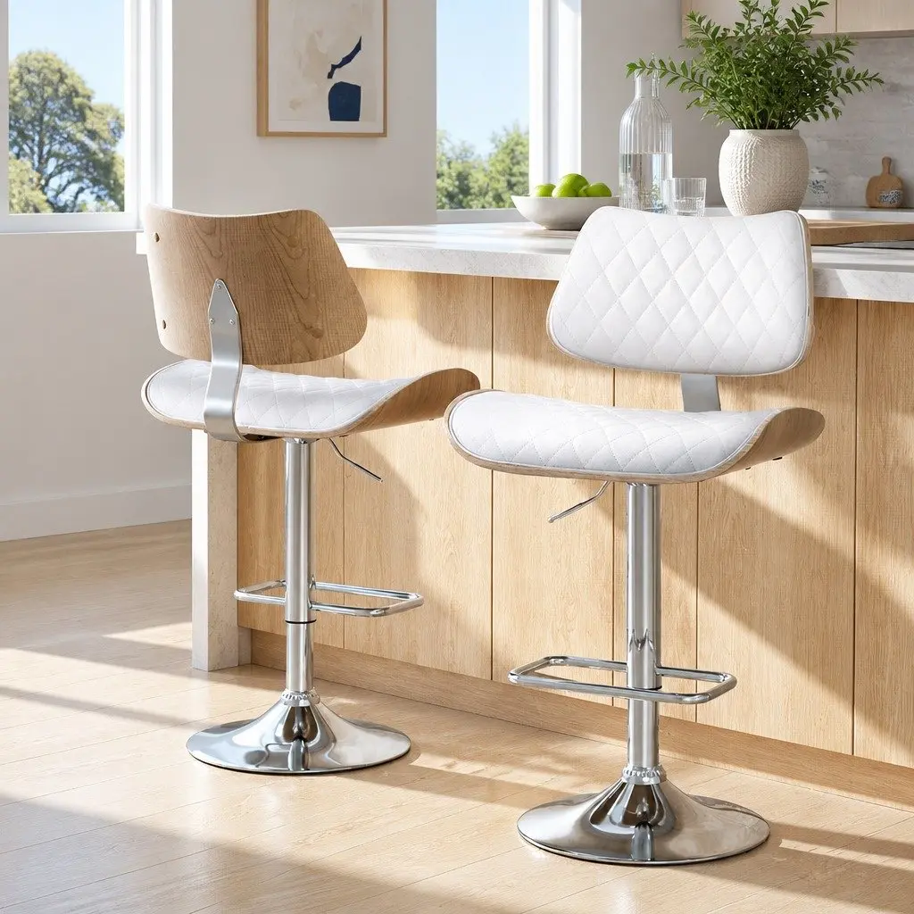 White Padded Seat Bar Stools Set of 2 with Gas Lift