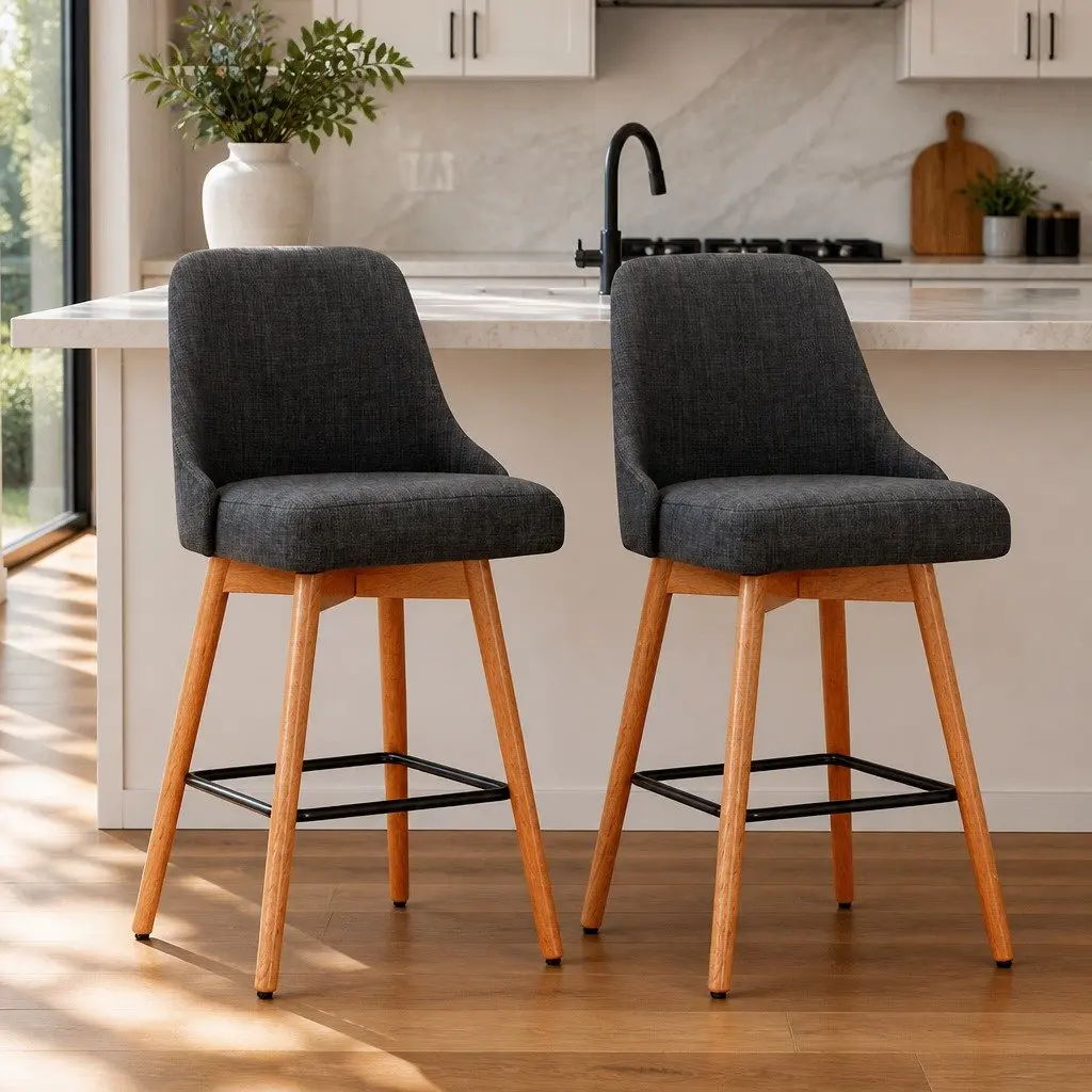 Bar Stools Swivel Seat Wooden Charcoal Padded Backrest Kitchen Dining Set of 2