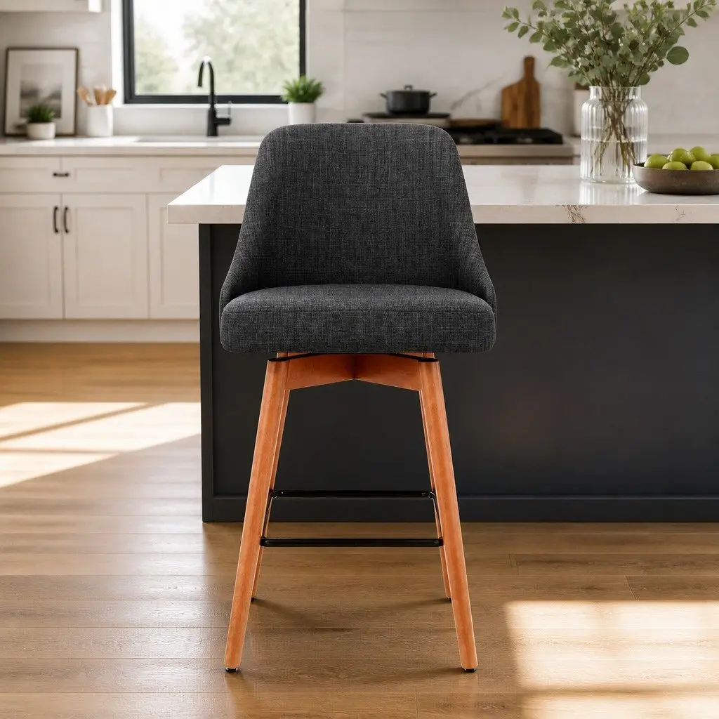 Bar Stools Swivel Seat Wooden Charcoal Padded Backrest Kitchen Dining Set of 2