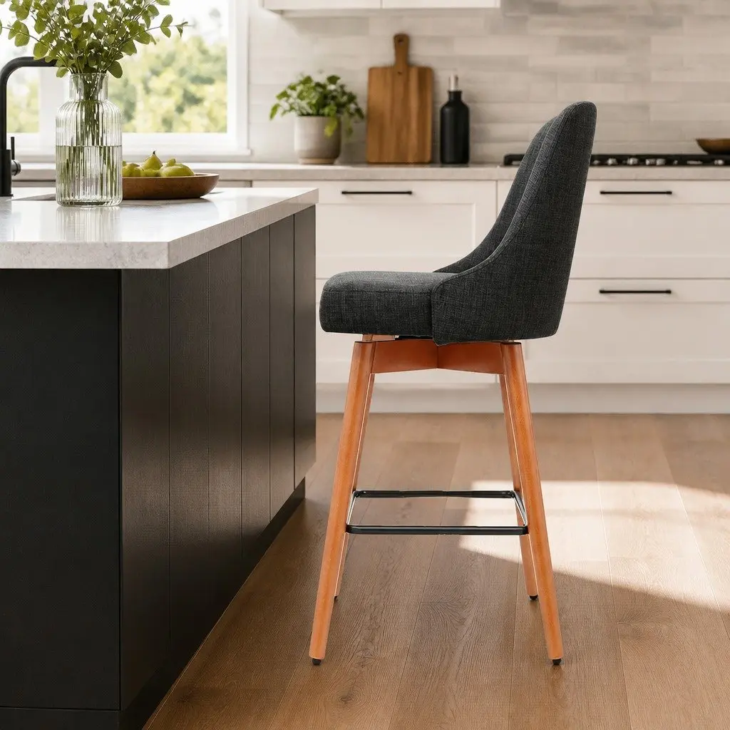 Bar Stools Swivel Seat Wooden Charcoal Padded Backrest Kitchen Dining Set of 2