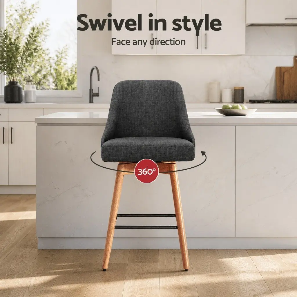 Bar Stools Swivel Seat Wooden Charcoal Padded Backrest Kitchen Dining Set of 2