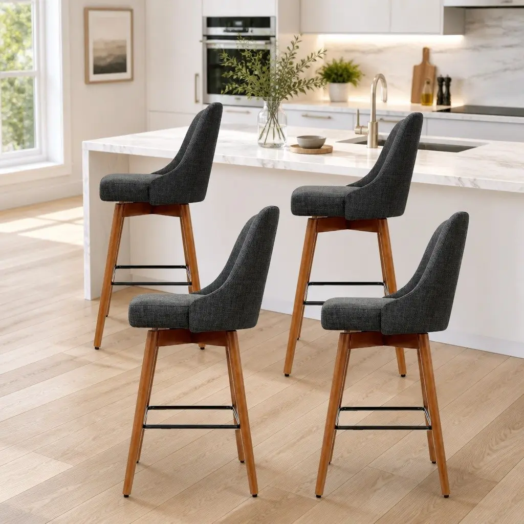 Bar Stools Mid-Height Swivel Seat Charcoal Faux Linen Plywood 4 Piece