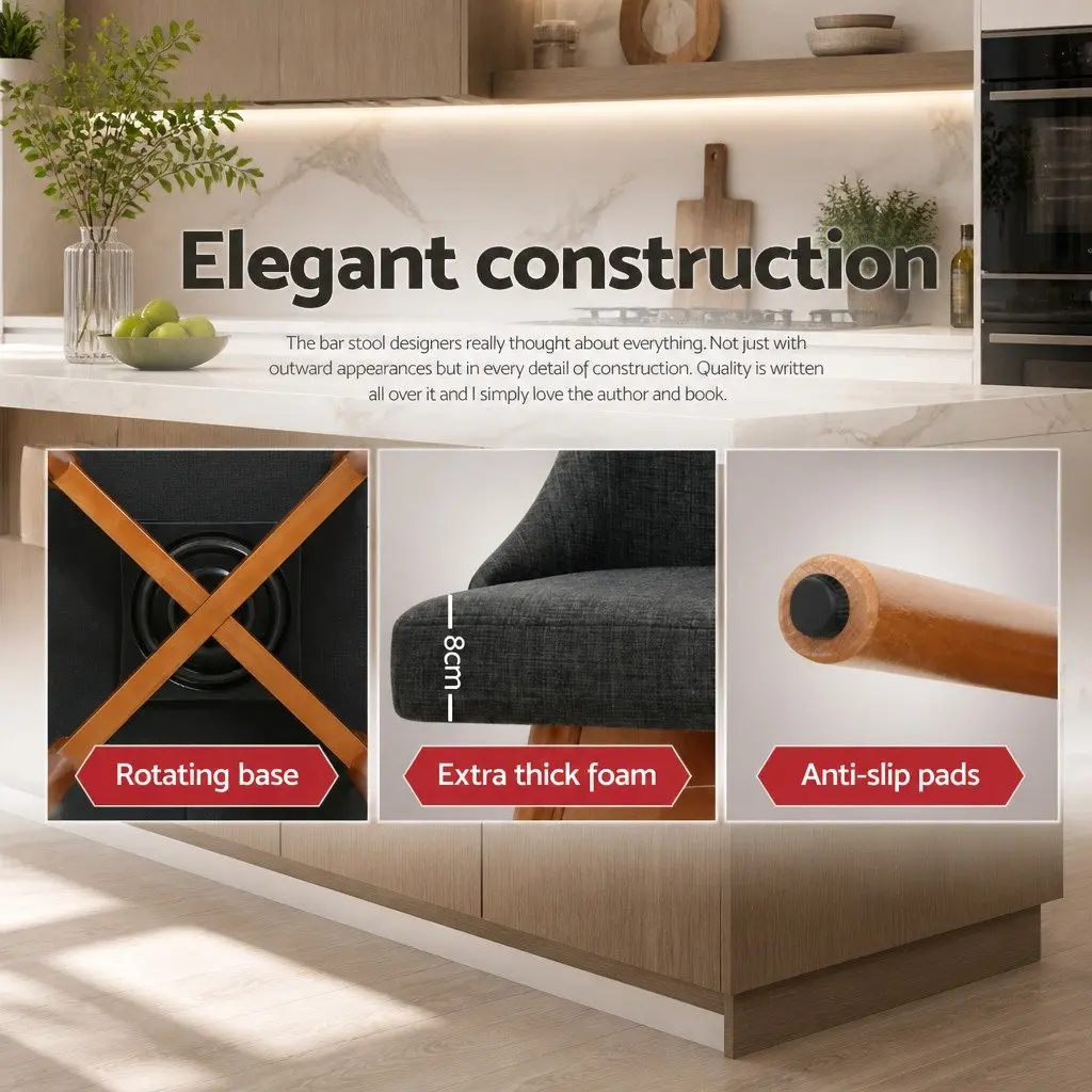 Bar Stools Mid-Height Swivel Seat Charcoal Faux Linen Plywood 4 Piece
