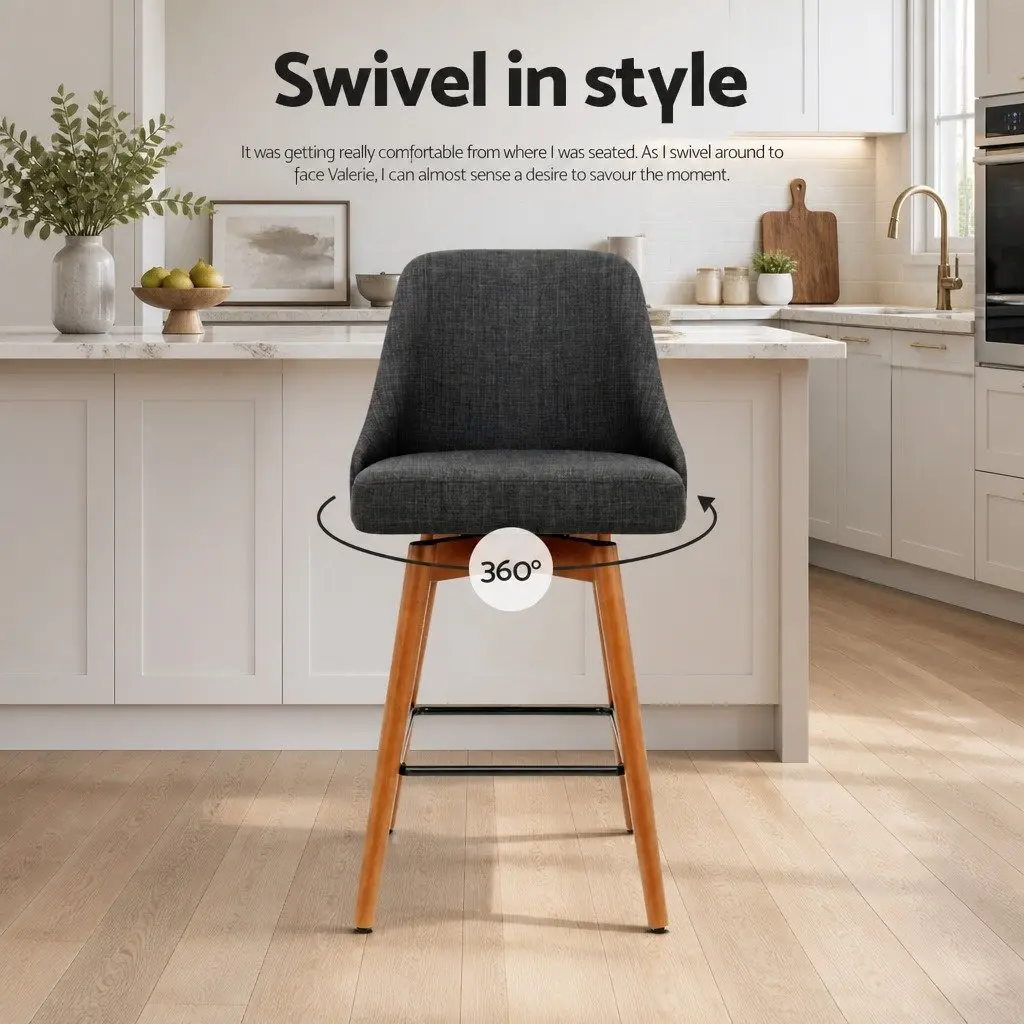 Bar Stools Mid-Height Swivel Seat Charcoal Faux Linen Plywood 4 Piece