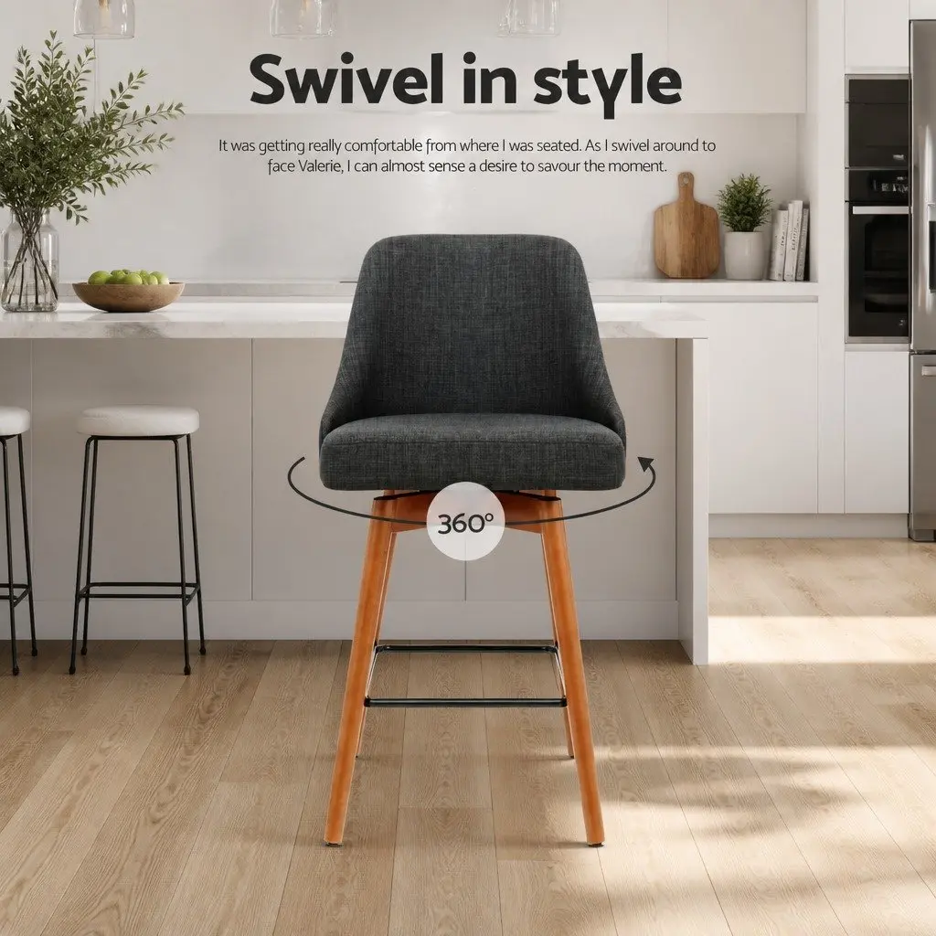 Bar Stools Mid-Height Swivel Seat Charcoal Faux Linen Plywood 4 Piece