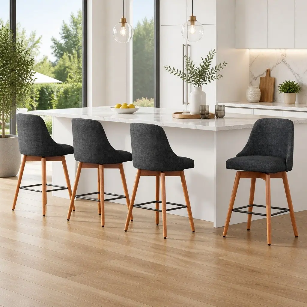 Bar Stools Mid-Height Swivel Seat Charcoal Faux Linen Plywood 4 Piece