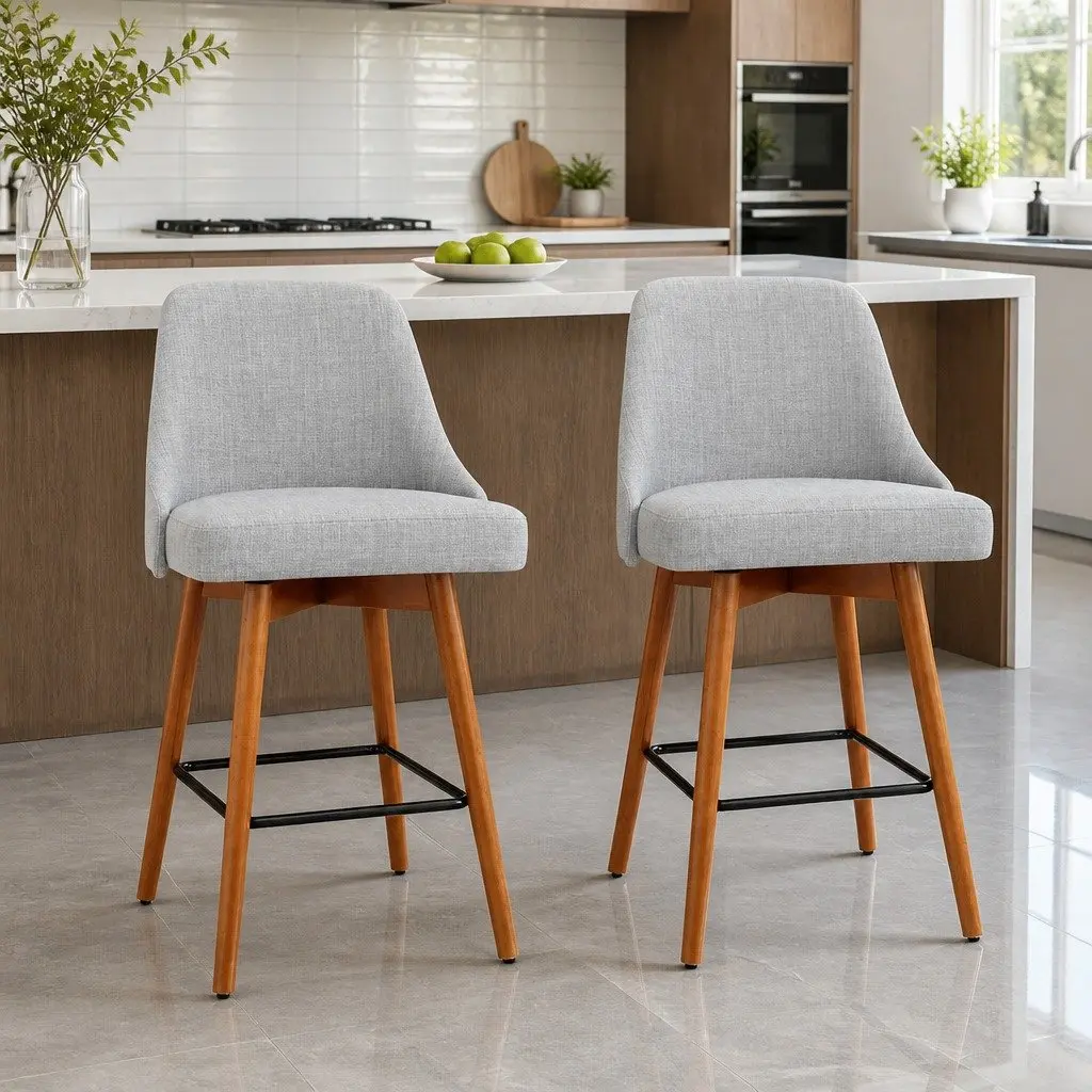 Bar Stools Swivel Seat Light Grey Kitchen Counter Height Plywood Polyester Set of 2