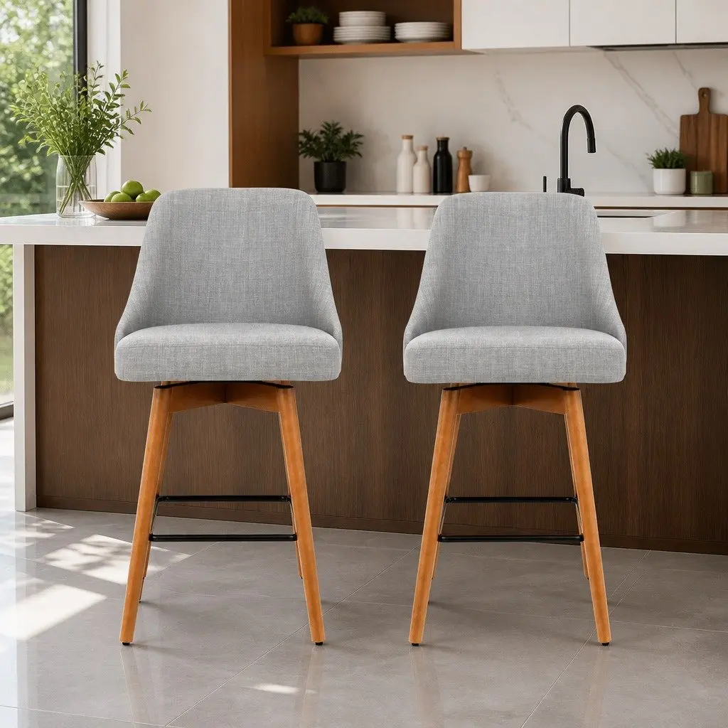Bar Stools Swivel Seat Light Grey Kitchen Counter Height Plywood Polyester Set of 2