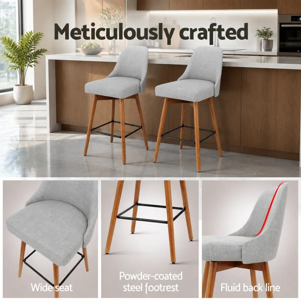 Bar Stools Swivel Seat Light Grey Kitchen Counter Height Plywood Polyester Set of 2