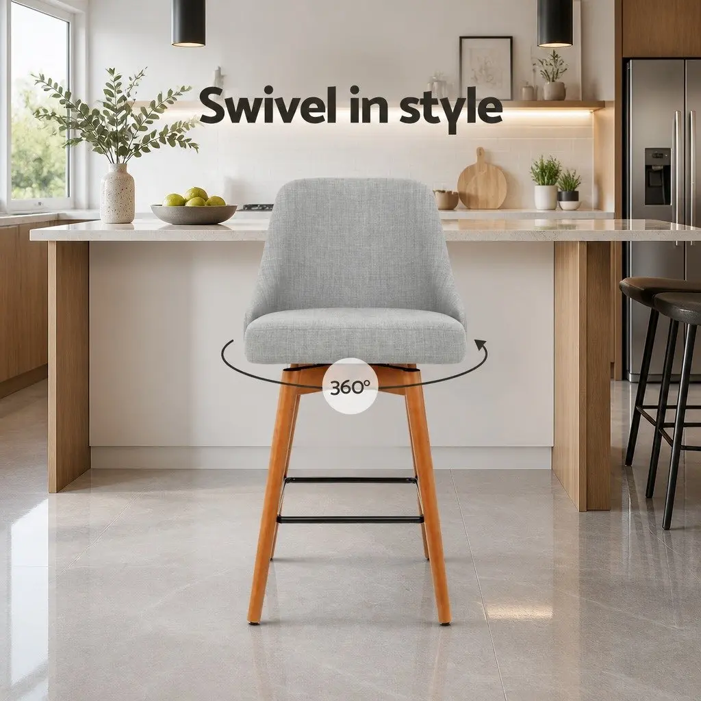 Bar Stools Swivel Seat Light Grey Kitchen Counter Height Plywood Polyester Set of 2