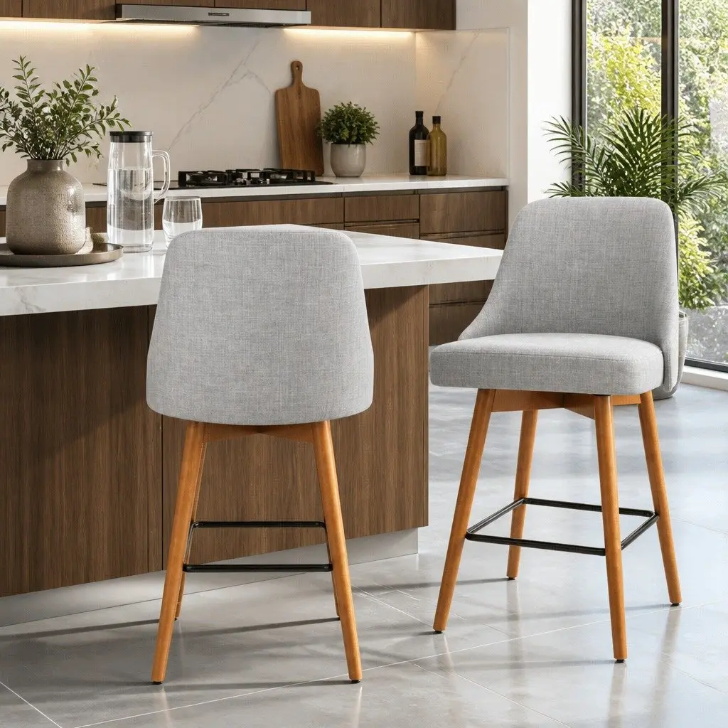 Bar Stools Swivel Seat Light Grey Kitchen Counter Height Plywood Polyester Set of 2