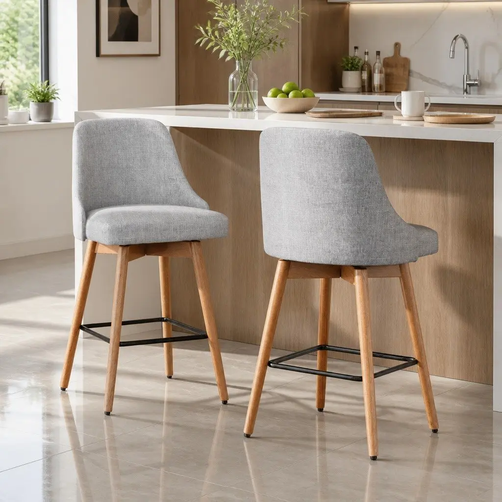 Bar Stools Swivel Seat Light Grey Kitchen Counter Height Plywood Polyester Set of 2