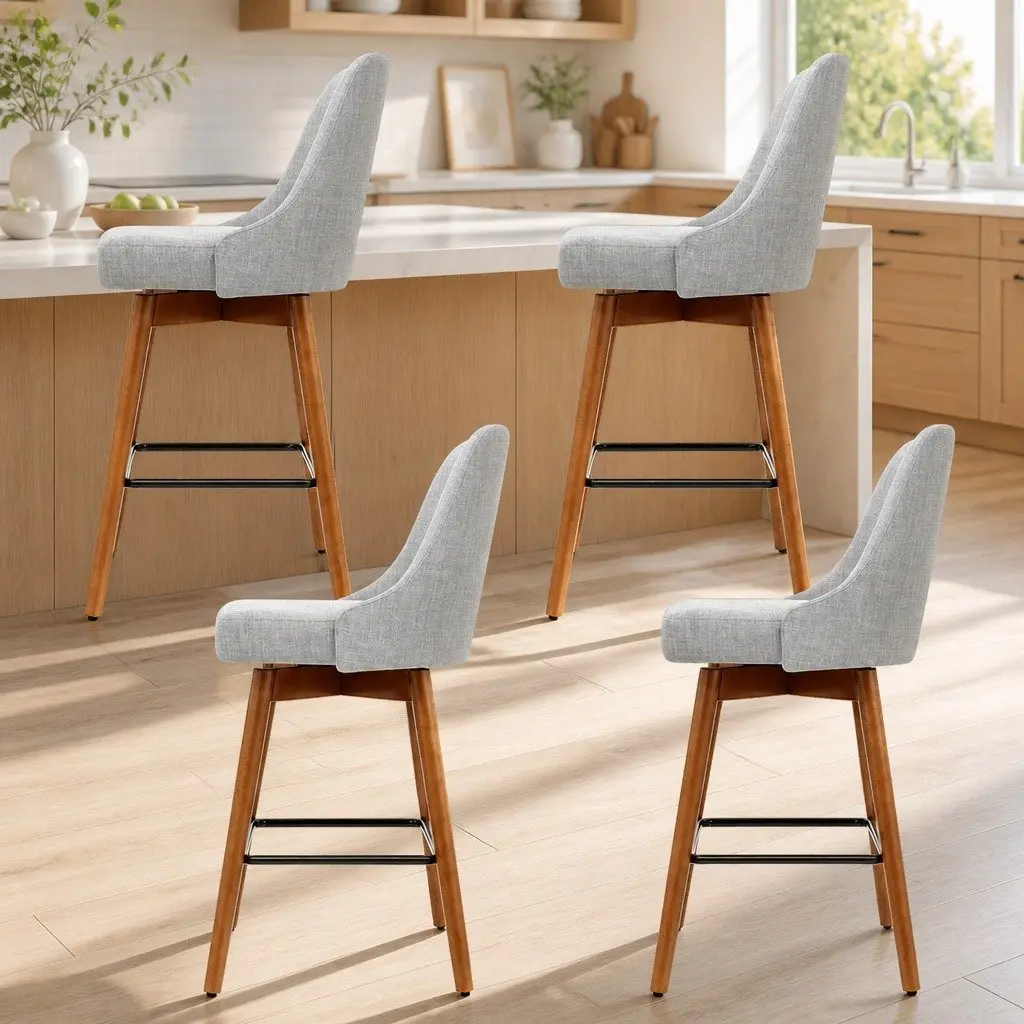 Bar Stools Light Grey Swivel Wooden Seat Backrest Set of 4 Plywood Polyester