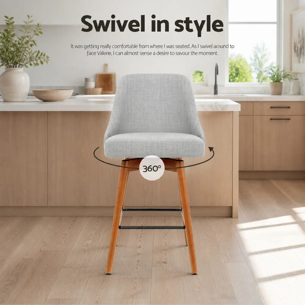Bar Stools Light Grey Swivel Wooden Seat Backrest Set of 4 Plywood Polyester