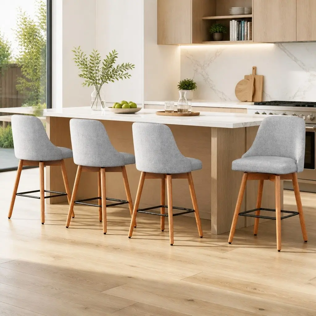 Bar Stools Light Grey Swivel Wooden Seat Backrest Set of 4 Plywood Polyester
