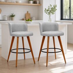 Set of 2 Grey Bar Stools with Padded Linen Seat