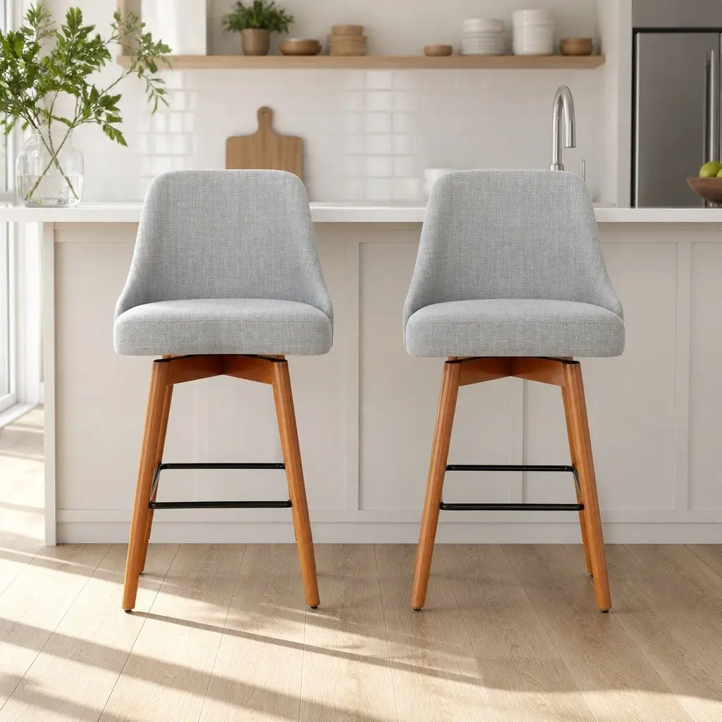 Set of 2 Grey Bar Stools with Padded Linen Seat