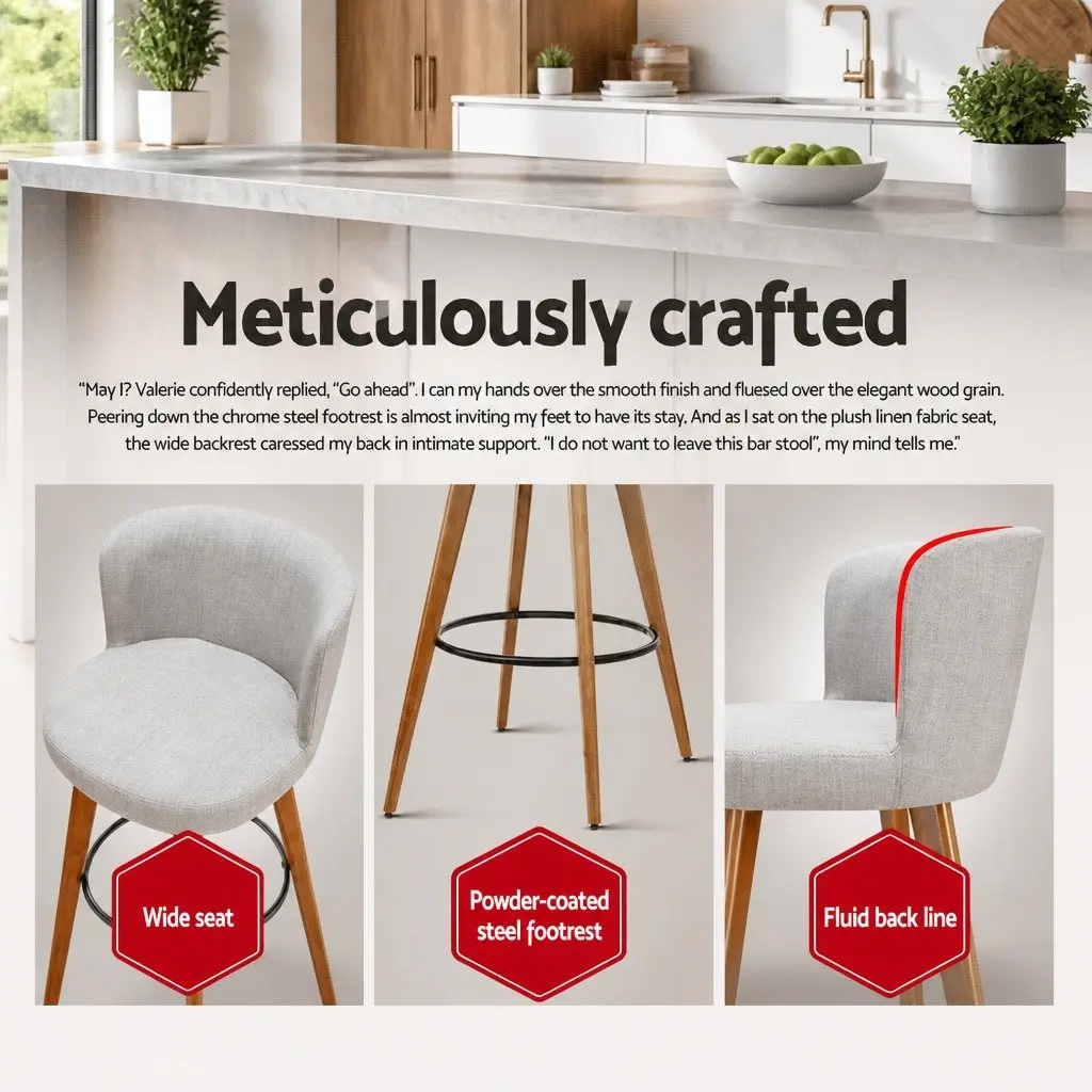 Set of 2 Grey Bar Stools with Padded Linen Seat