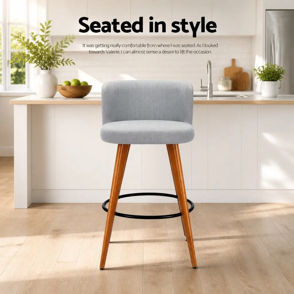 Set of 2 Grey Bar Stools with Padded Linen Seat