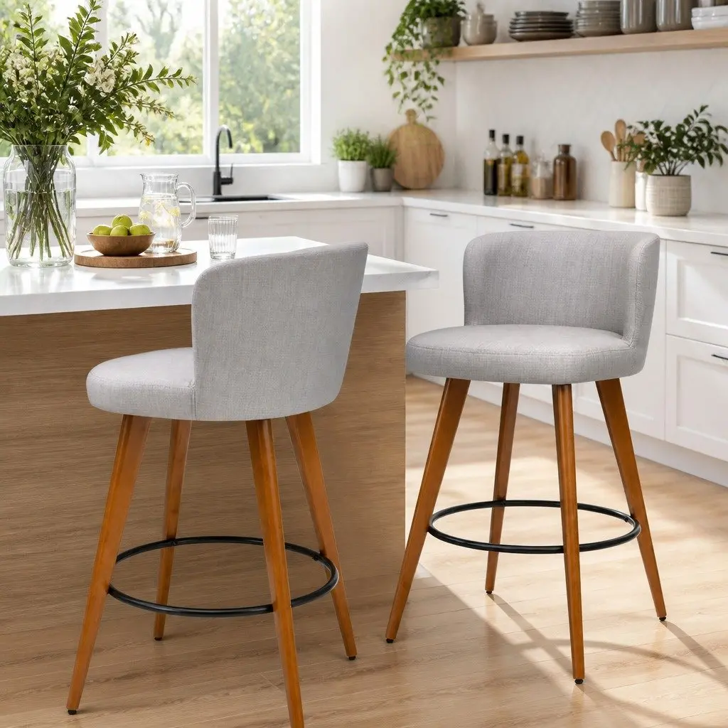 Set of 2 Grey Bar Stools with Padded Linen Seat