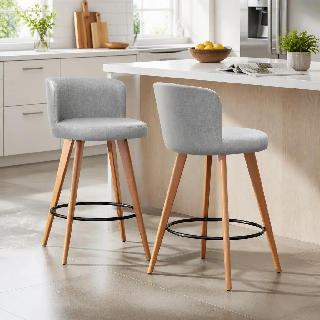 Set of 2 Grey Bar Stools with Padded Linen Seat