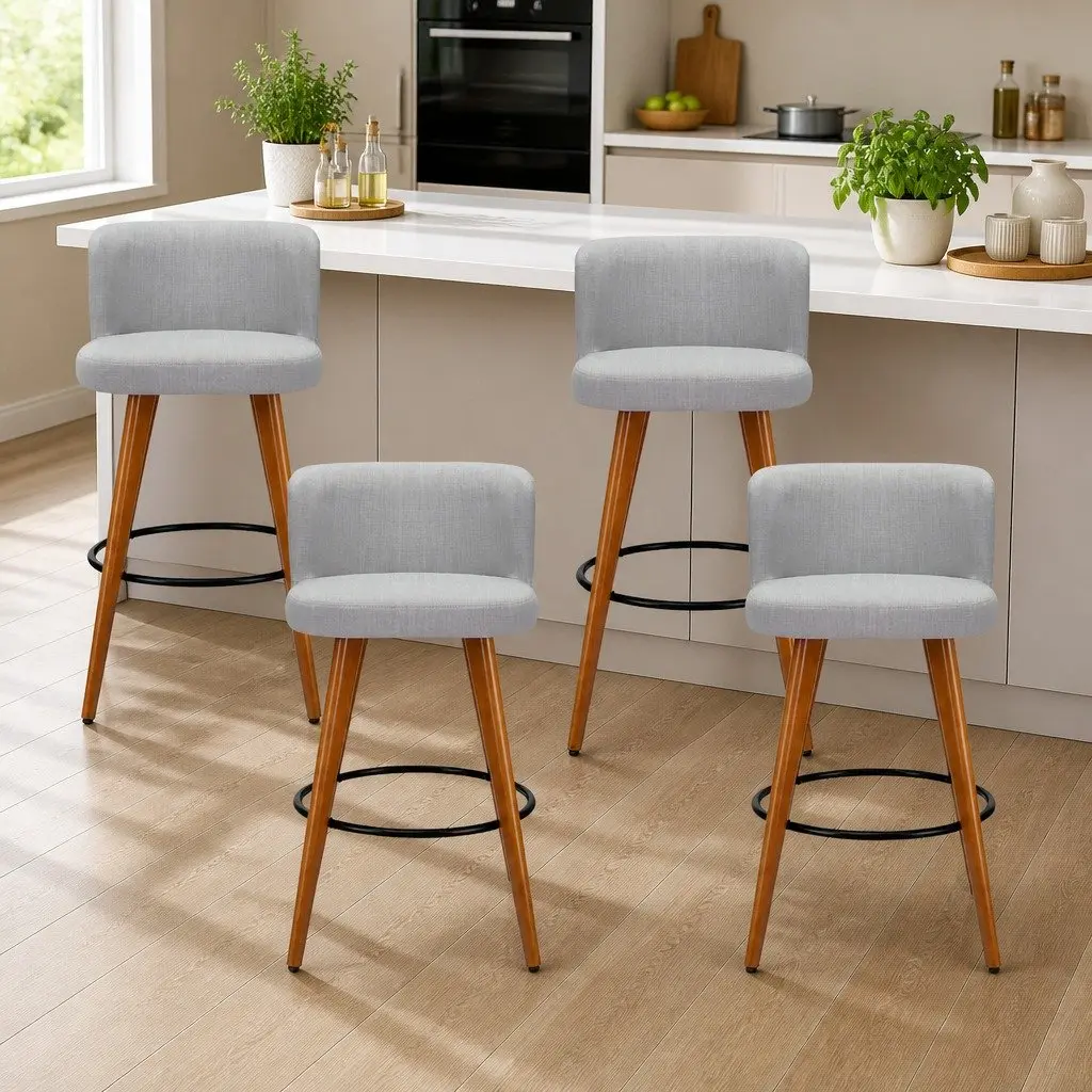 Bar Stools Light Grey Padded Backrest Kitchen Counter Height 4 Piece Plywood Polyester Steel