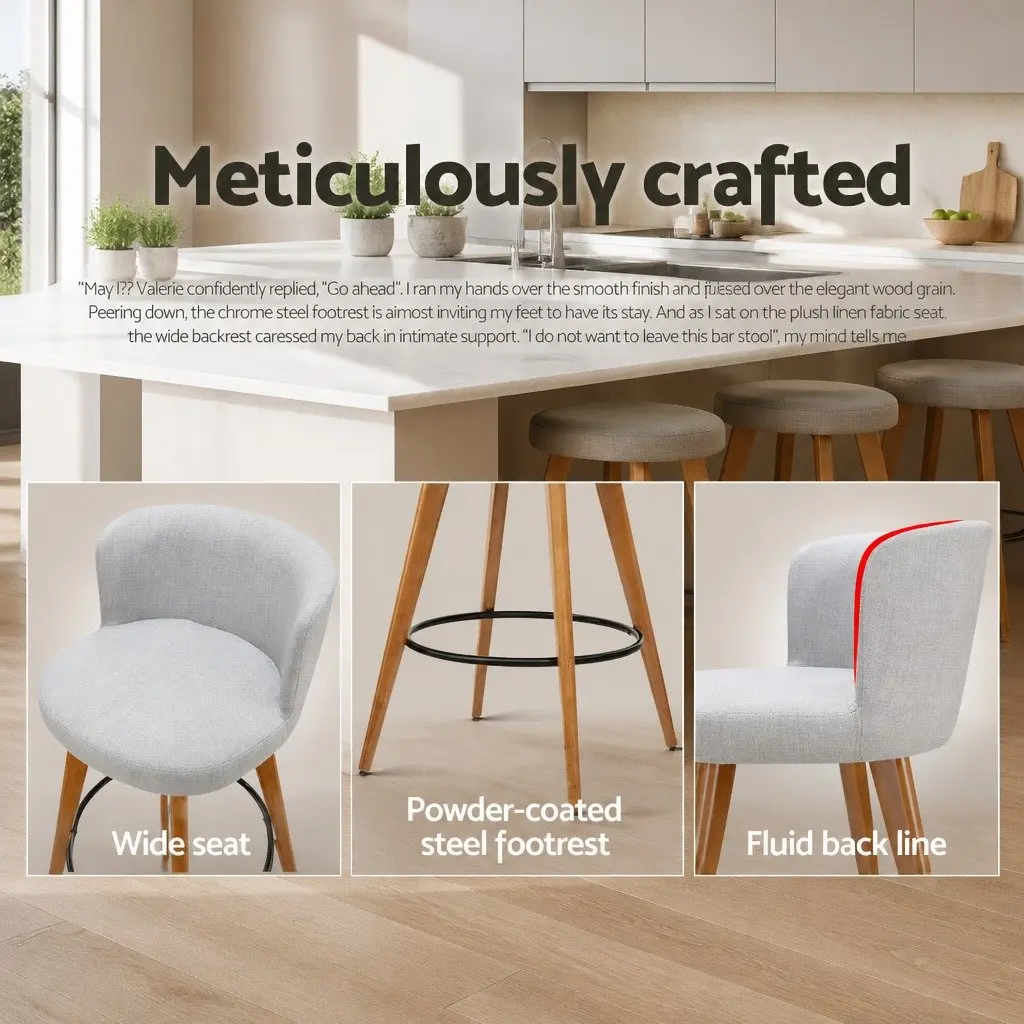 Bar Stools Light Grey Padded Backrest Kitchen Counter Height 4 Piece Plywood Polyester Steel