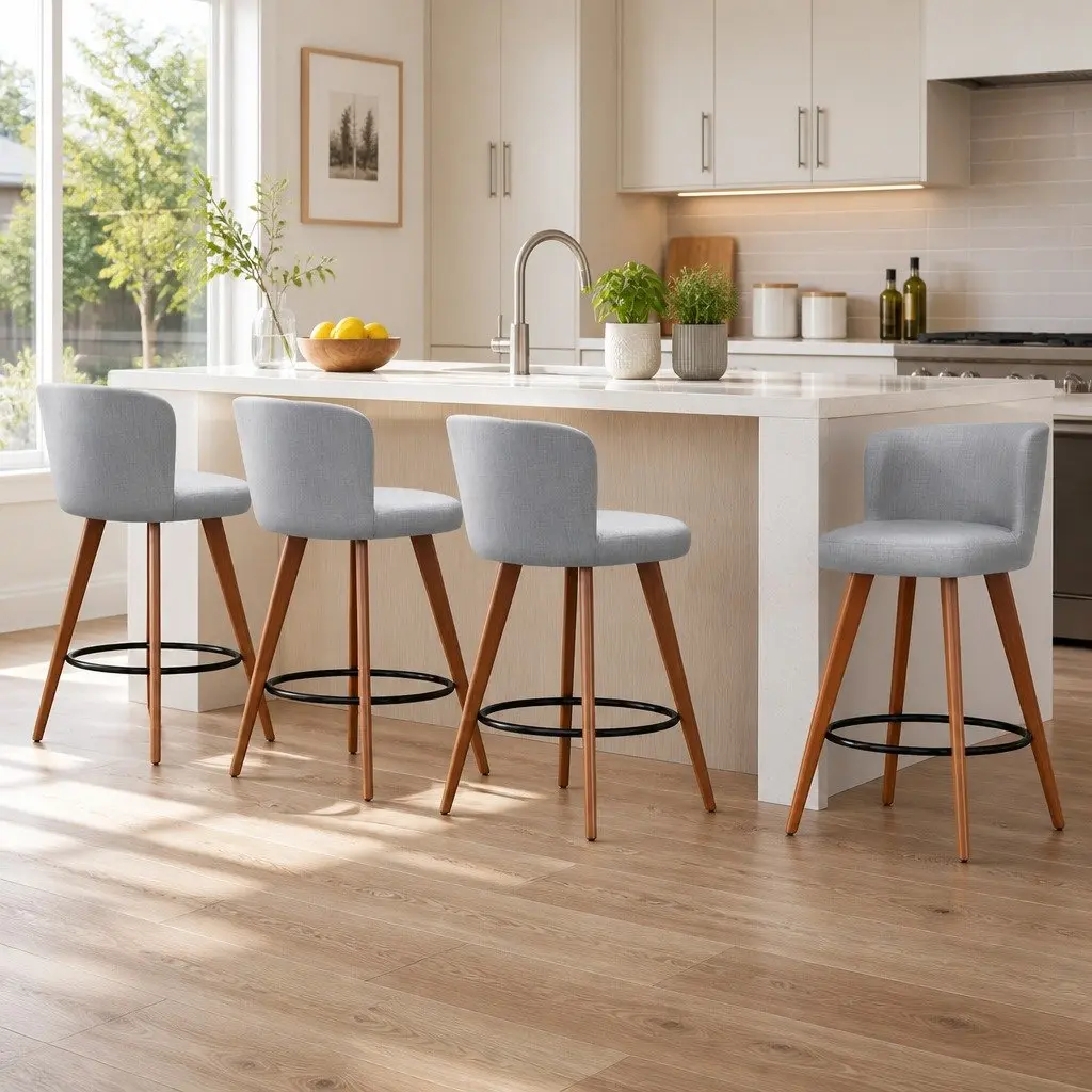 Bar Stools Light Grey Padded Backrest Kitchen Counter Height 4 Piece Plywood Polyester Steel