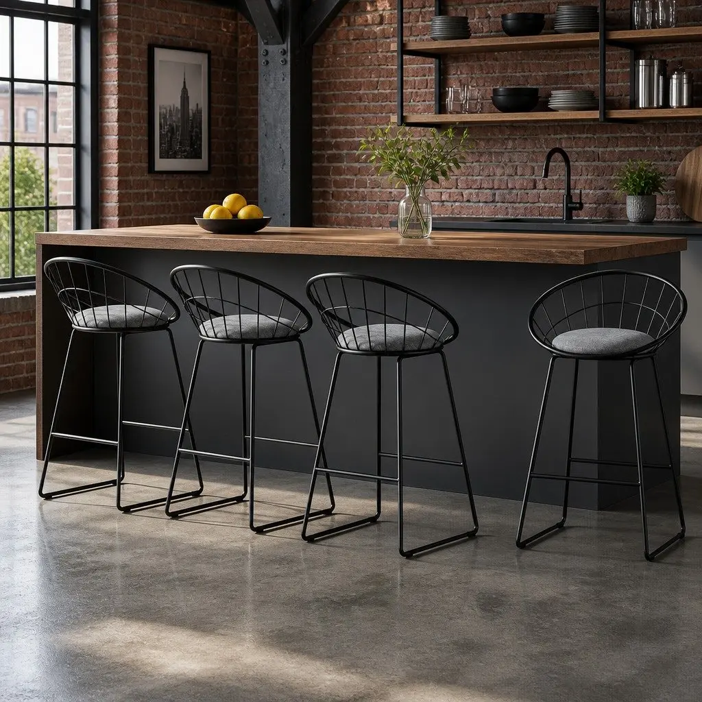 Bar Stools Padded Seat Curved Backrest Black Kitchen Counter Height Set of 4 Steel Frame