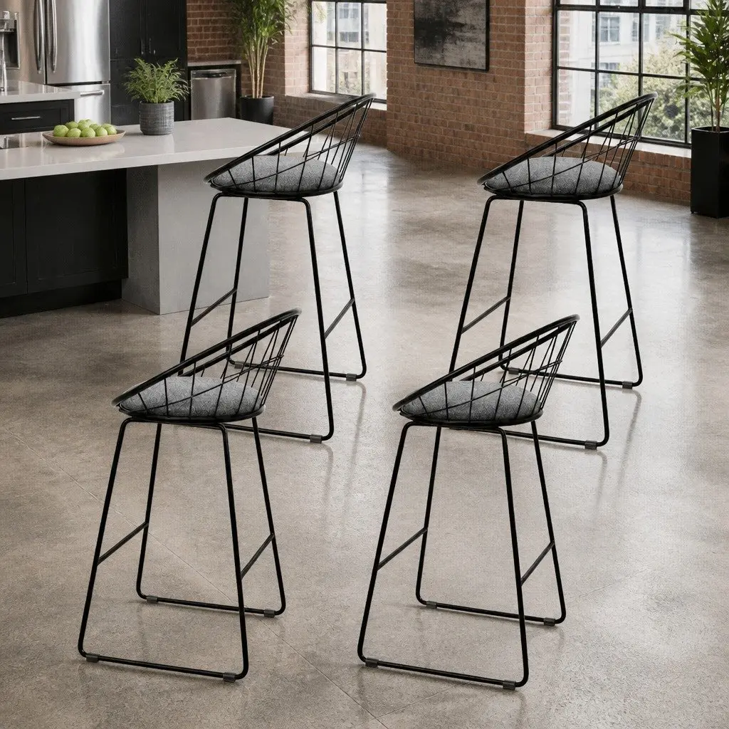 Bar Stools Padded Seat Curved Backrest Black Kitchen Counter Height Set of 4 Steel Frame