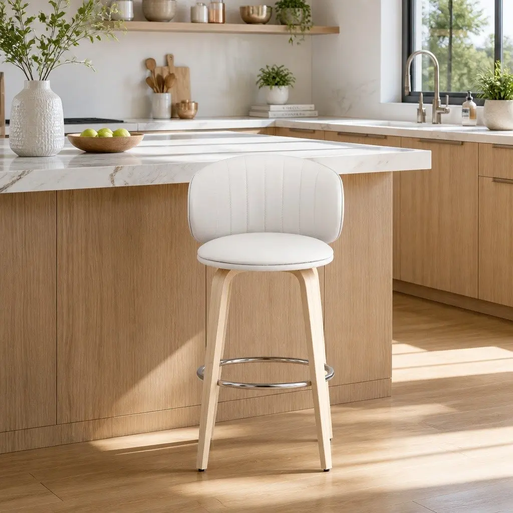 Bar Stools Set of 4 Padded Seat Contoured Backrest Kitchen Stool Walnut Plywood Chrome Footrest Beige
