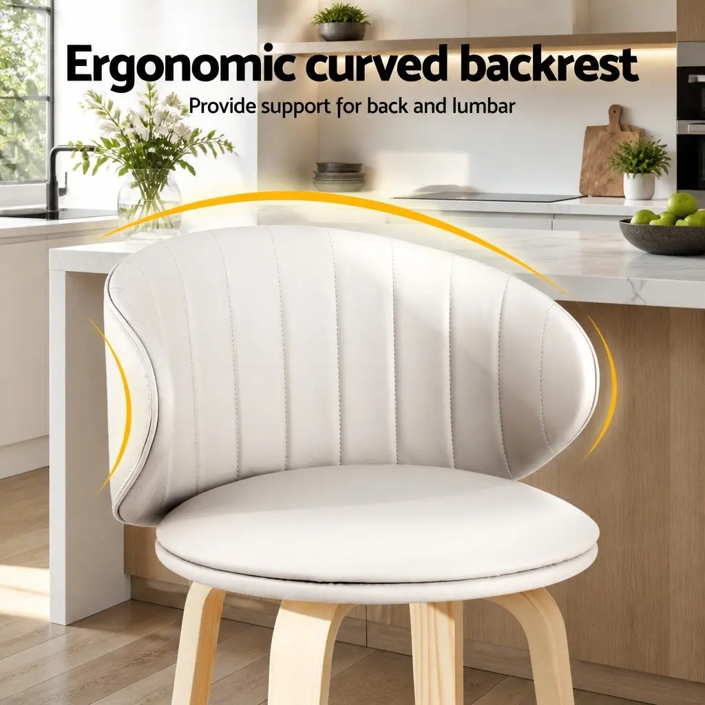 Bar Stools Set of 4 Padded Seat Contoured Backrest Kitchen Stool Walnut Plywood Chrome Footrest Beige