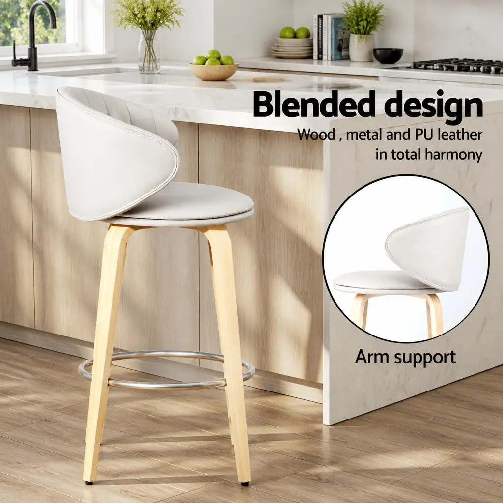 Bar Stools Set of 4 Padded Seat Contoured Backrest Kitchen Stool Walnut Plywood Chrome Footrest Beige